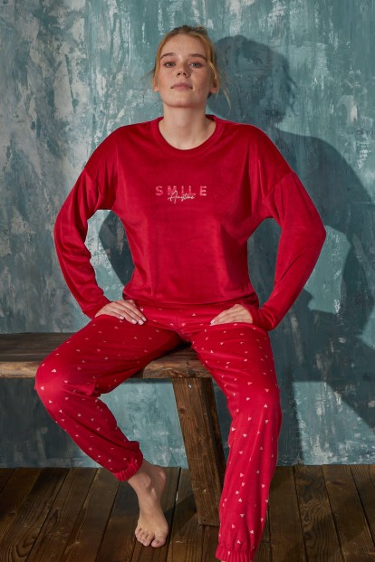 Kırmızı Smile Kadife Anne Kız Aile Pijaması - Anne Takım - Pijamaevi (1)