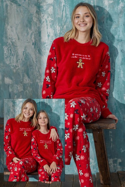 Kırmızı Wonderland Peluş Anne Kız Aile Pijaması - Anne Takım - Pijamaevi