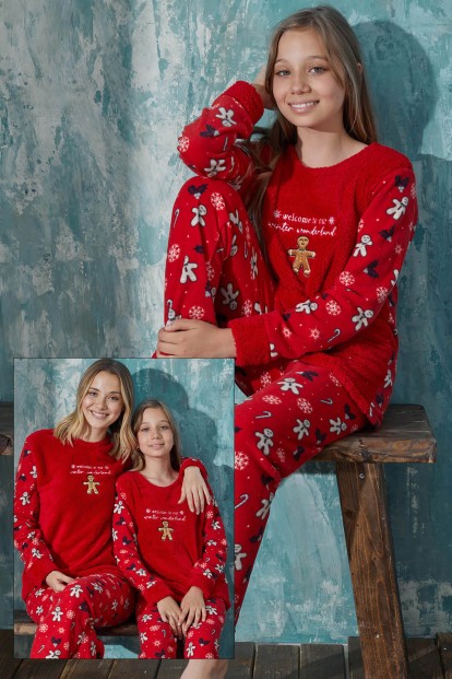 Kırmızı Wonderland Peluş Anne Kız Aile Pijaması - Kız Çocuk Takımı - Pijamaevi