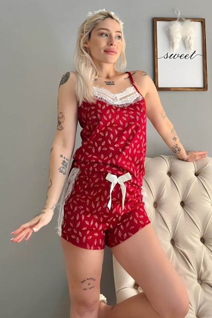 Kırmızı Yaprak Dantel Detaylı İp Askı Şortlu Örme Pijama Takımı - Pijamaevi