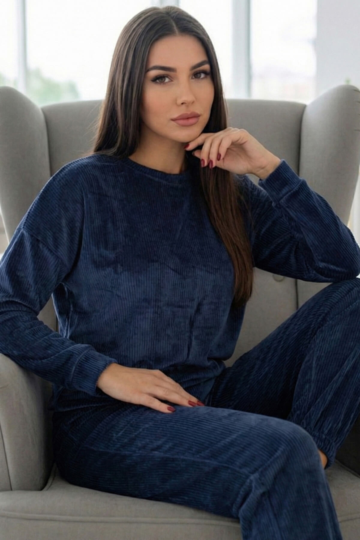 Koyu Lacivert Veloura Soft Kadın Pijama Takımı 