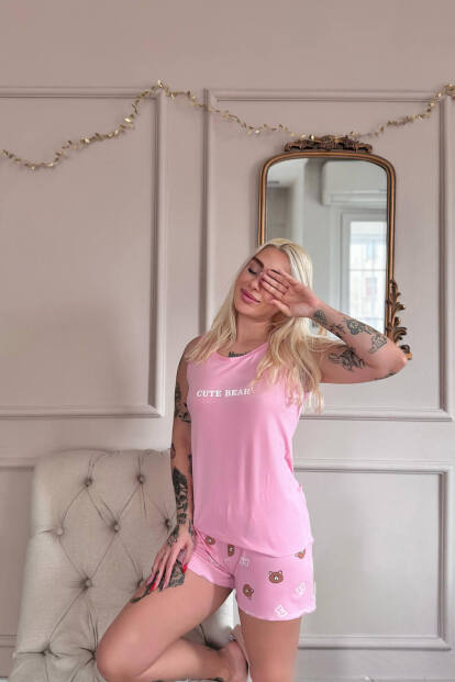 Koyu Pembe Cute Desenli Bambu Sıfır Kol Şortlu Kadın Pijama Takımı - Pijamaevi (1)