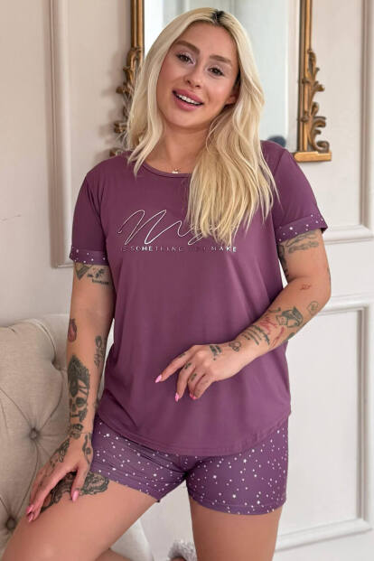 Koyu Pembe Magic Desenli Bambu Kısa Kol Şortlu Kadın Pijama Takımı - Pijamaevi