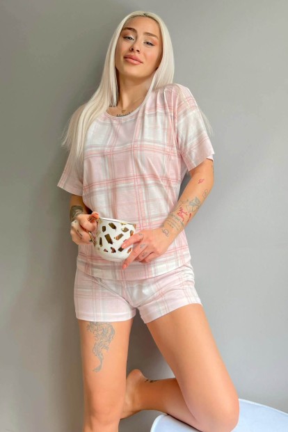 Krem Ekose Baskılı Şortlu Kadın Pijama Takımı - Pijamaevi
