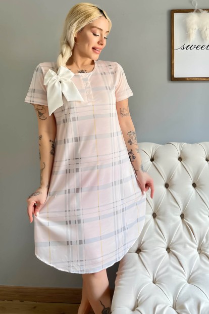 Krem Ekose Desenli Kısa Kol Kadın Gecelik - Pijamaevi