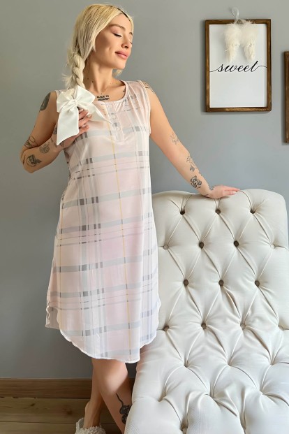 Krem Ekose Desenli Sıfır Kol Kadın Gecelik - Pijamaevi