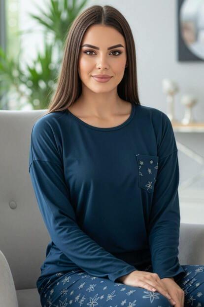 Lacivert Abstract Floral Desenli Uzun Kollu Bambu Örme Kadın Pijama Takımı - Pijamaevi