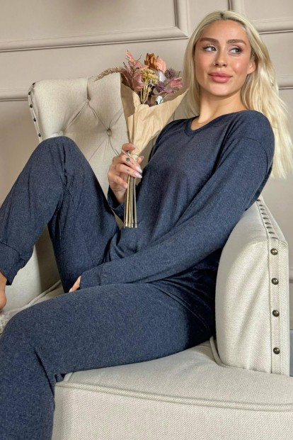 Lacivert Bambu Uzun Kol Kadın Pijama Takımı - Pijamaevi