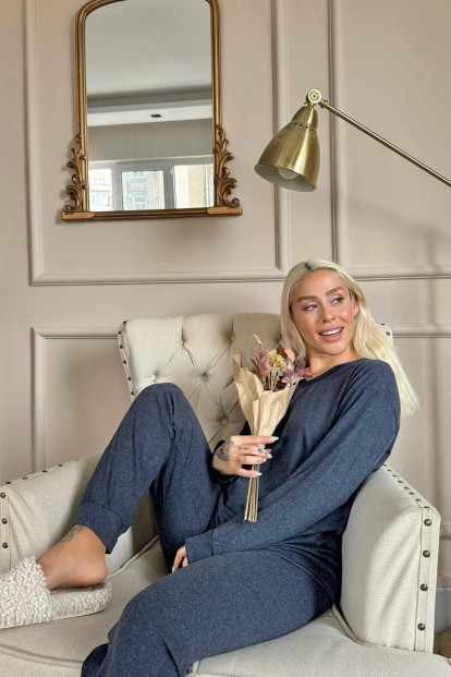 Lacivert Bambu Uzun Kol Kadın Pijama Takımı - Pijamaevi (1)