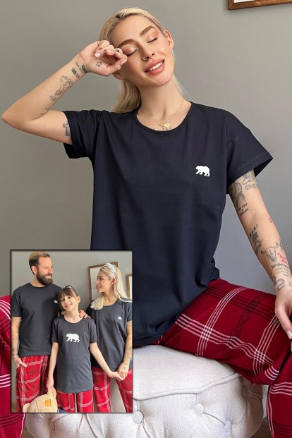 Lacivert Bear Kısa Kol Sevgili Aile Pijaması - Kadın Takımı - Pijamaevi