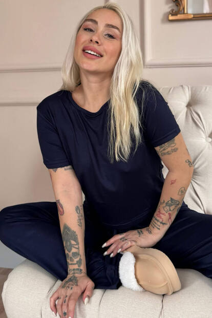 Lacivert Blu Nuit Bambu Kısa Kol Kadın Pijama Takımı - Pijamaevi