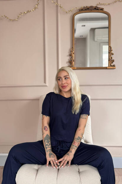 Lacivert Blu Nuit Bambu Kısa Kol Kadın Pijama Takımı - Pijamaevi (1)