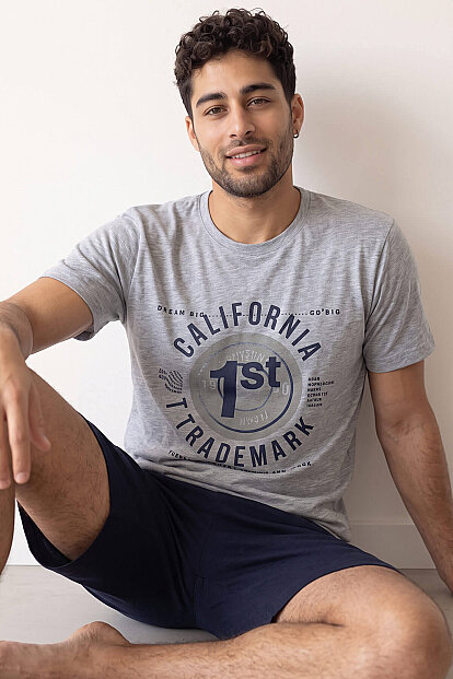 Lacivert California Baskılı Şortlu Kısa Kollu Erkek Pijama Takımı - Pijamaevi