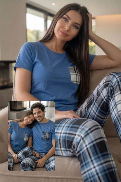 Lacivert Cep Detay Kısa Kol Sevgili Aile Pijaması - Kadın Takımı - Pijamaevi