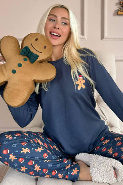 Lacivert Cookieman Desenli Termal Kadın Pijama Takımı - Pijamaevi