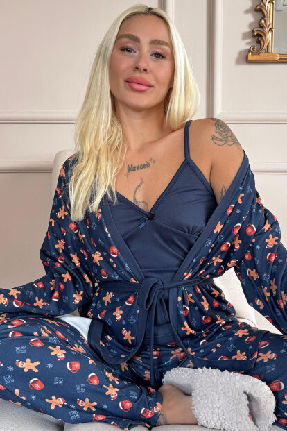 Lacivert Cookieman Desenli Termal Sabahlıklı Kadın Pijama Takımı - Pijamaevi