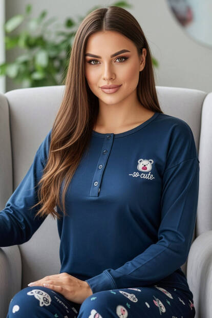 Lacivert Cute Desenli Uzun Kollu Bambu Örme Kadın Pijama Takımı - Pijamaevi