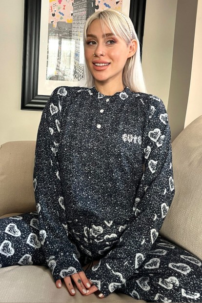 Lacivert Cute Desenli Yumoş Örme Pijama Takımı - Pijamaevi
