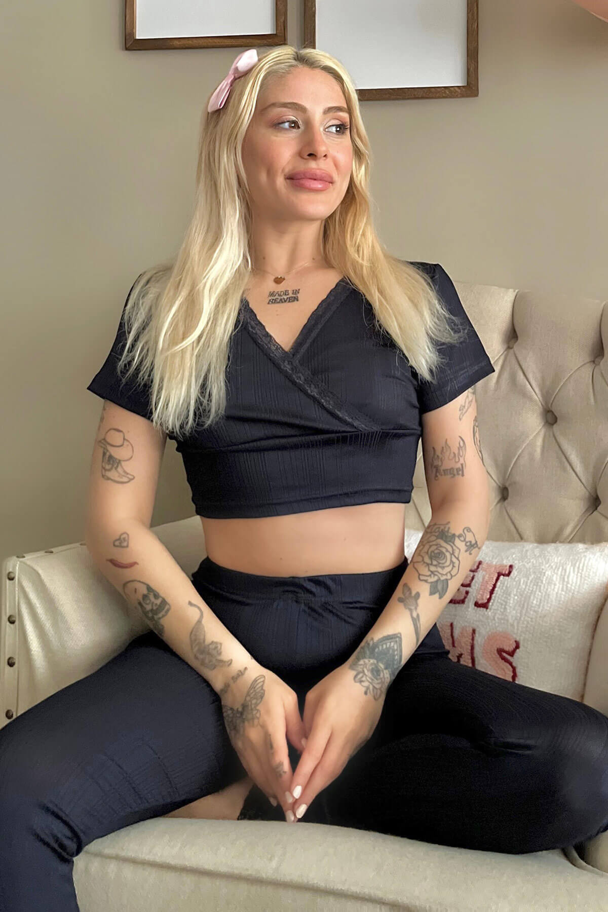 Lacivert Dantel Detaylı V Yaka Örme Crop Pijama Takımı