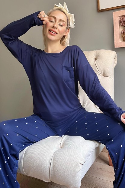 Lacivert Double Desenli Bambu Uzun Kol Kadın Pijama Takımı - Pijamaevi