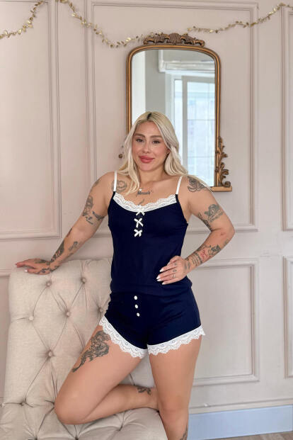 Lacivert Dublin Ip Askı Şortlu Kadın Pijama Takımı - Pijamaevi (1)