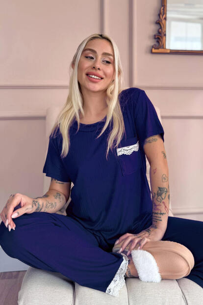 Lacivert Dublin Kısa Kollu Dantelli Kadın Pijama Takımı - Pijamaevi