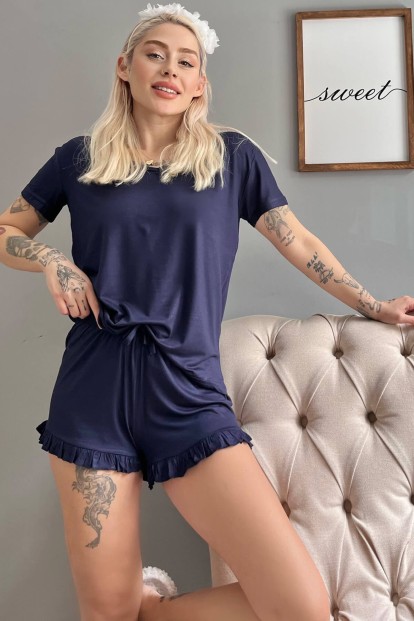 Lacivert Düz Baskısız Örme Kısa Kollu Şortlu Pijama Takımı - Pijamaevi