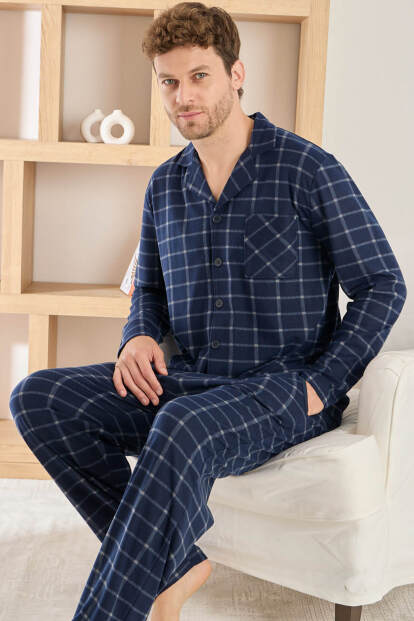 Lacivert Ekose Desenli Önden Düğmeli Elegant Erkek Pijama Takımı - Pijamaevi