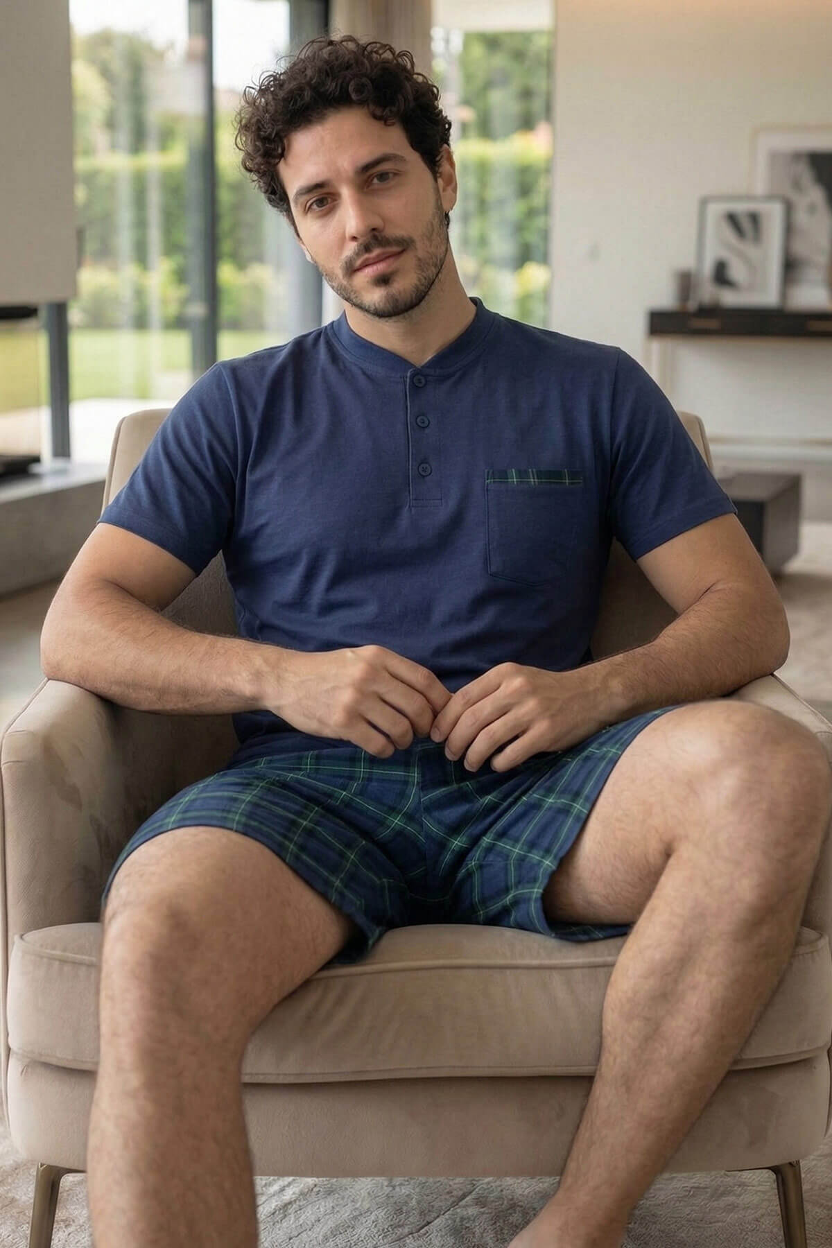 Lacivert Ekose Line Edge Detaylı Şortlu Kısa Kollu Erkek Pijama Takımı