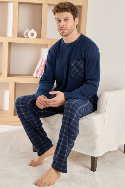 Lacivert Ekru Ekose Desenli Elegant Erkek Pijama Takımı - Pijamaevi