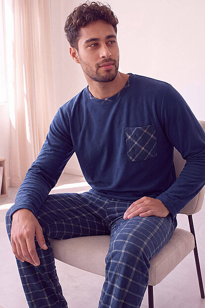 Lacivert Ekru Ekose Desenli Elegant Erkek Pijama Takımı - Pijamaevi