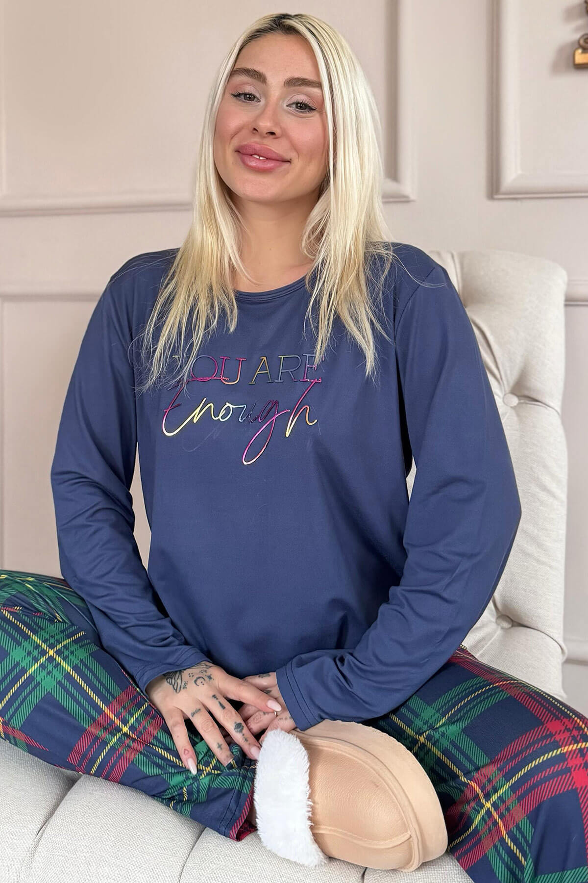 Lacivert Enough Desenli Bambu Uzun Kol Kadın Pijama Takımı