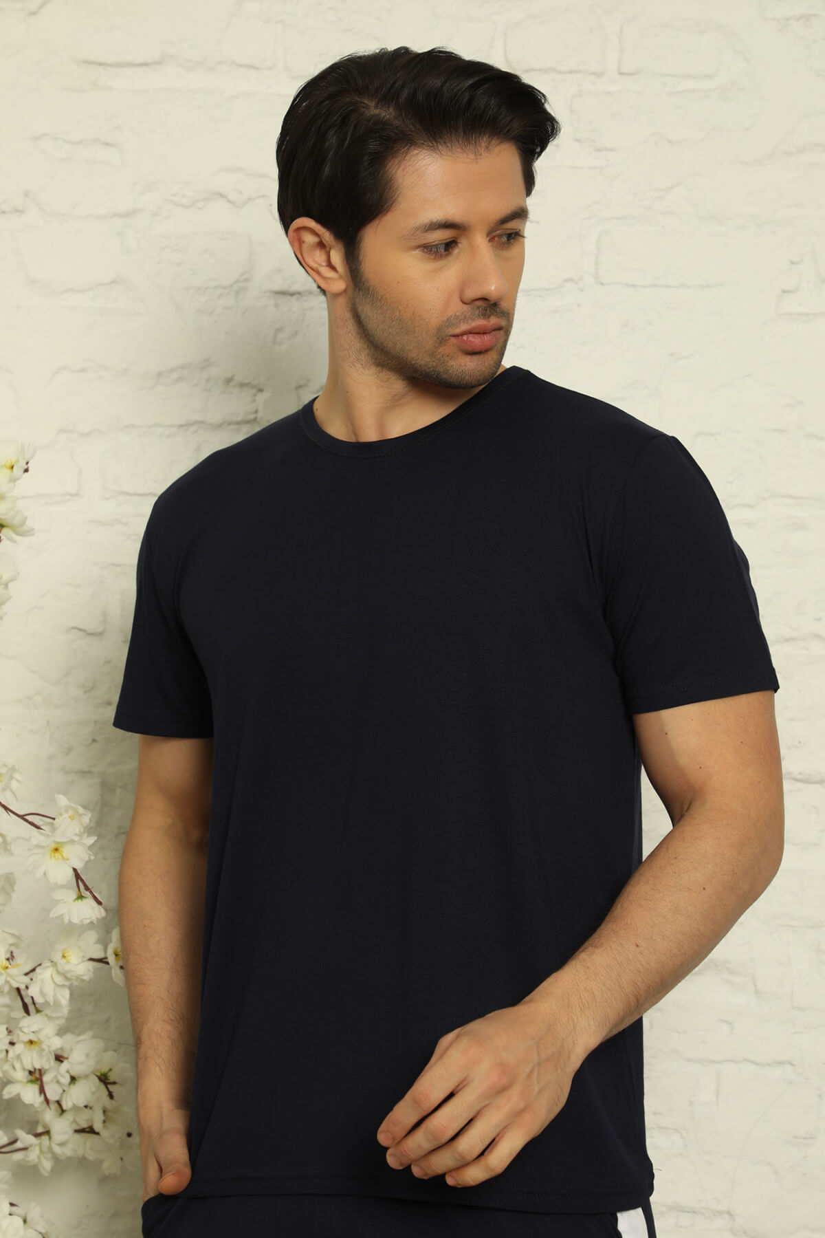 Lacivert Erkek Basic Slim Bisiklet Yaka Kısa Kollu Pijama Üstü