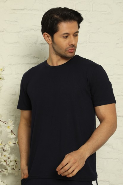 Lacivert Erkek Basic Slim Bisiklet Yaka Kısa Kollu Pijama Üstü - Pijamaevi