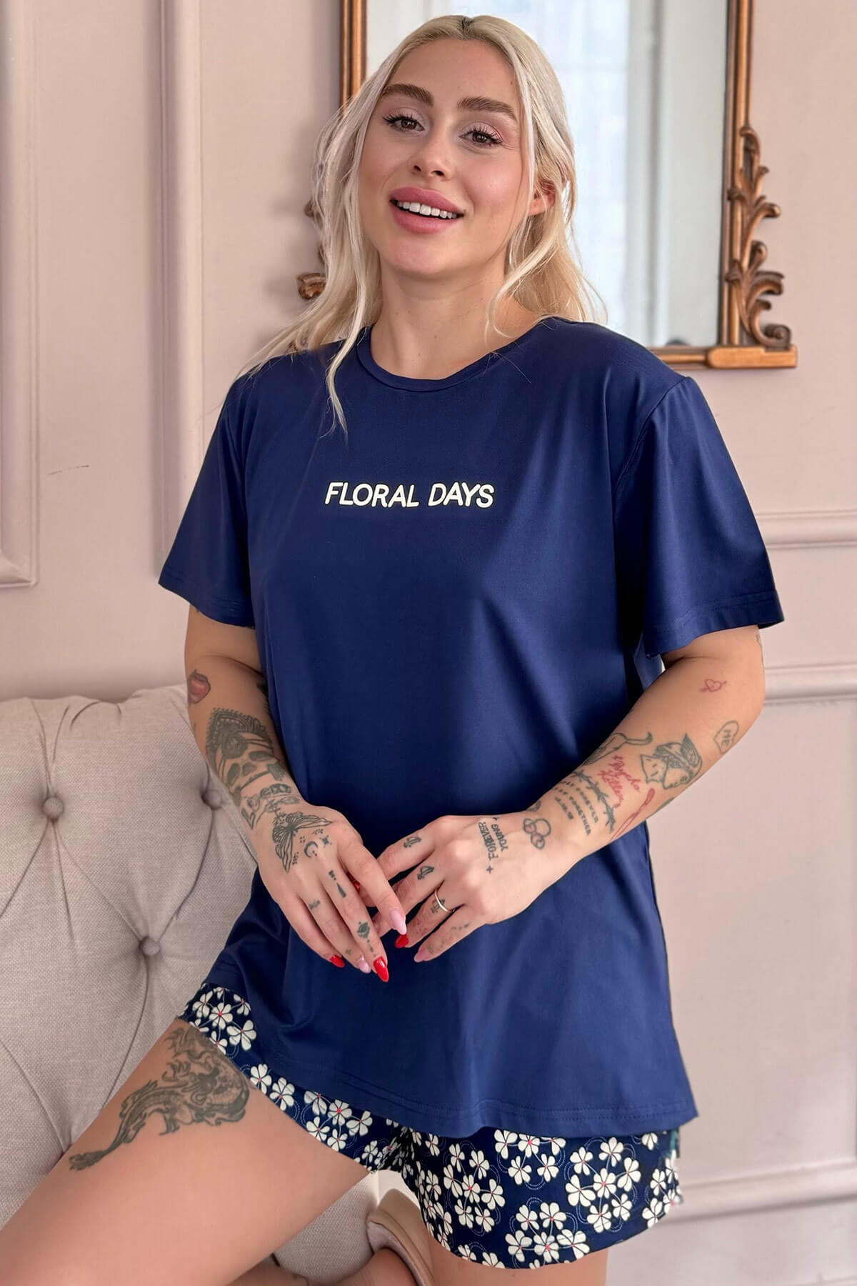 Lacivert Floral Days Desenli Kısa Kollu Şortlu Örme Kadın Pijama Takımı