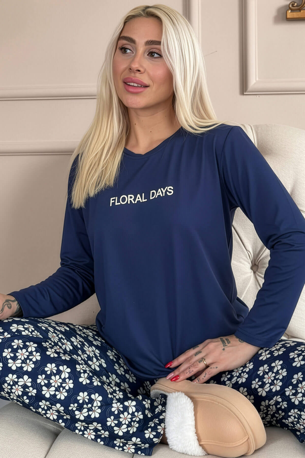 Lacivert Floral Days Desenli Uzun Kollu Bambu Örme Kadın Pijama Takımı