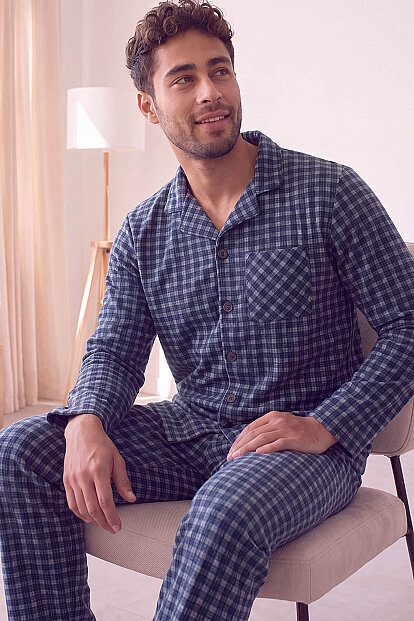 Lacivert Gri Ekose Desenli Önden Düğmeli Elegant Erkek Pijama Takımı - Pijamaevi