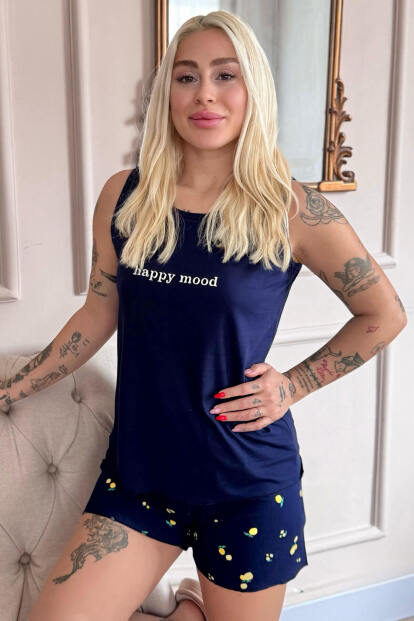 Lacivert Happy Mood Desenli Bambu Sıfır Kol Şortlu Kadın Pijama Takımı - Pijamaevi