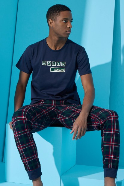 Lacivert Hello Summer Baskılı Kısa Kollu Erkek Pijama Takımı - Pijamaevi
