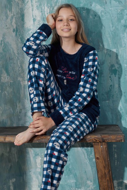 Lacivert Home Desenli Kız Çocuk Peluş Pijama Takım - Pijamaevi
