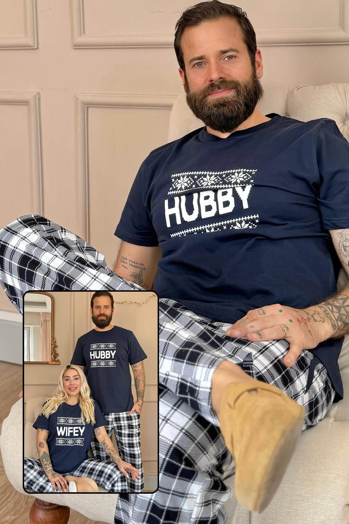 Lacivert Hubby Kısa Kol Sevgili Aile Pijaması - Erkek Takımı