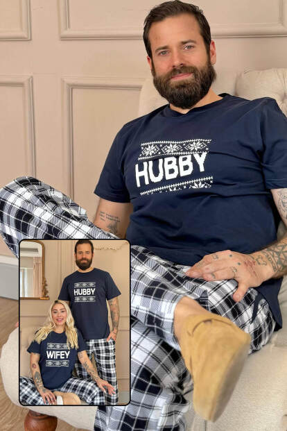 Lacivert Hubby Kısa Kol Sevgili Aile Pijaması - Erkek Takımı - Pijamaevi