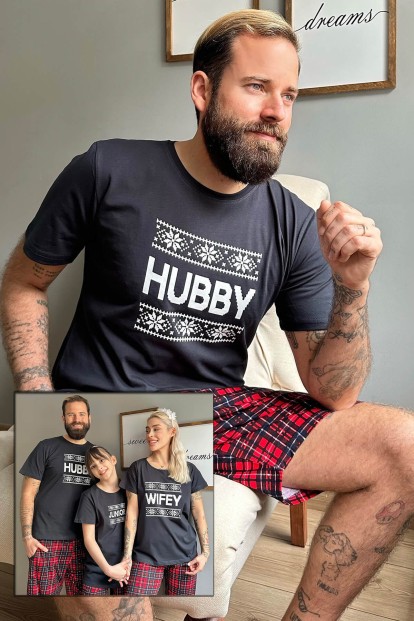 Lacivert Hubby Şortlu Sevgili Aile Pijaması - Erkek Takımı - Pijamaevi