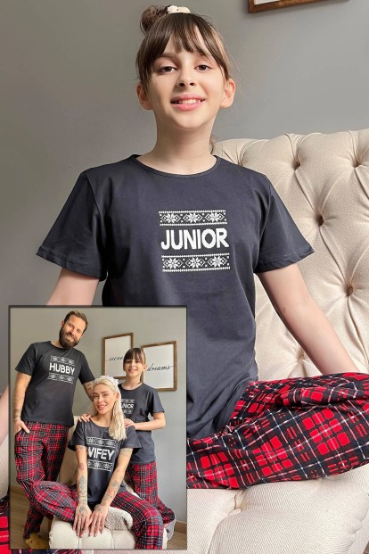Lacivert Junior Kısa Kol Anne Kız Aile Pijaması - Çocuk Takımı - Pijamaevi