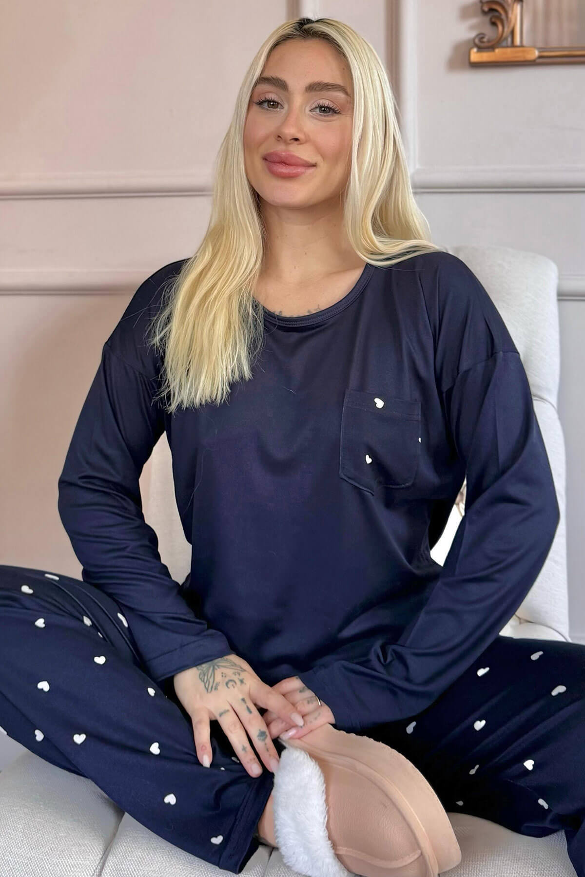 Lacivert Kalp Desenli Bambu Uzun Kol Kadın Pijama Takımı