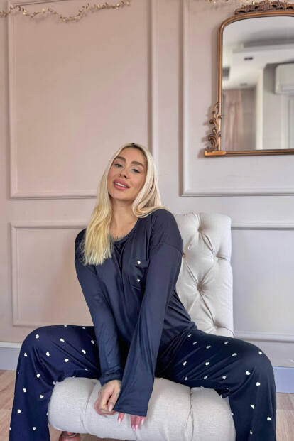 Lacivert Kalp Desenli Bambu Uzun Kol Kadın Pijama Takımı - Pijamaevi (1)