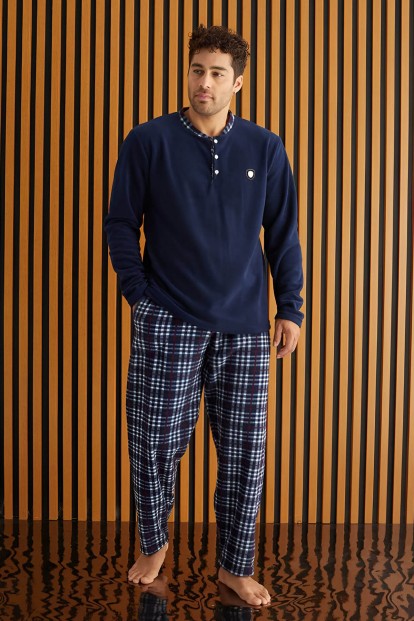 Lacivert Kırmızı Ekose Desenli Polar Erkek Pijama Takımı - Pijamaevi (1)