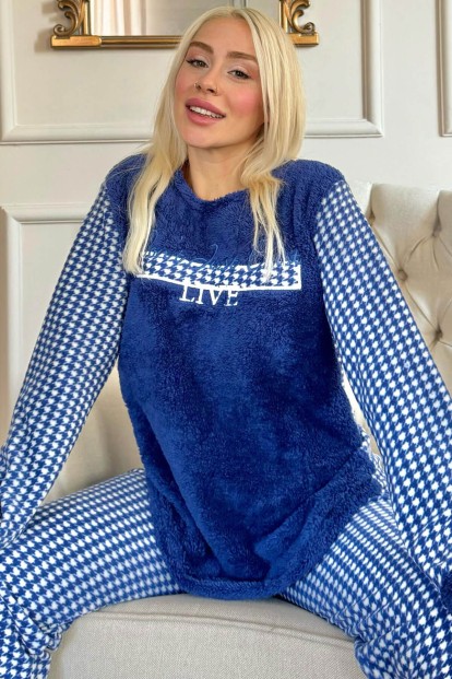Lacivert Live Desenli Kadın Peluş Pijama Takımı - Pijamaevi