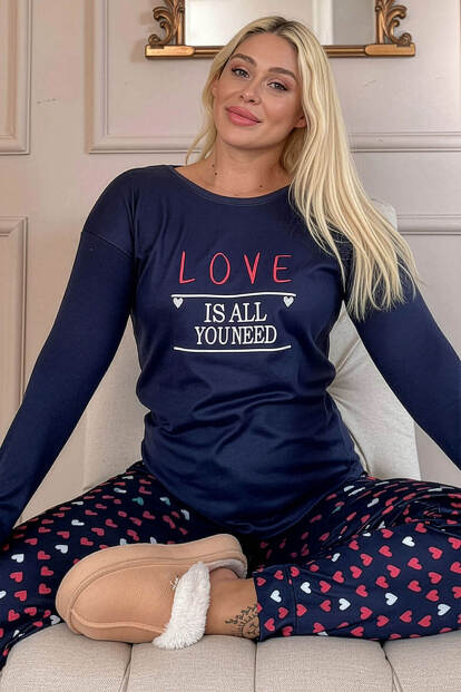 Lacivert Love Desenli Termal Kadın Pijama Takımı - Pijamaevi