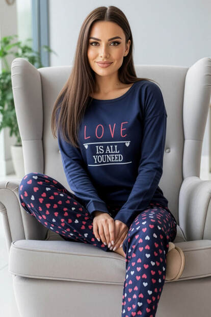 Lacivert Love Desenli Termal Kadın Pijama Takımı - Pijamaevi